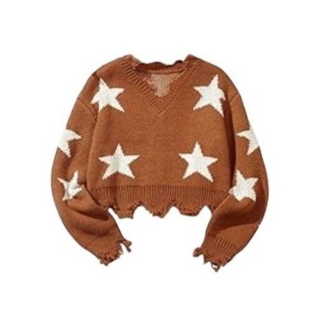 Amaryllis Star Pattern V-Neck Distressed Sweater Rusty Orange‎ Cream Knit S